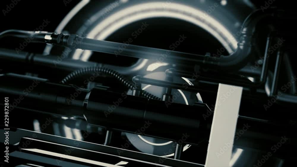 Poster animation of futuristic and high tech mechanism with light and rotation details with tubes, abstract