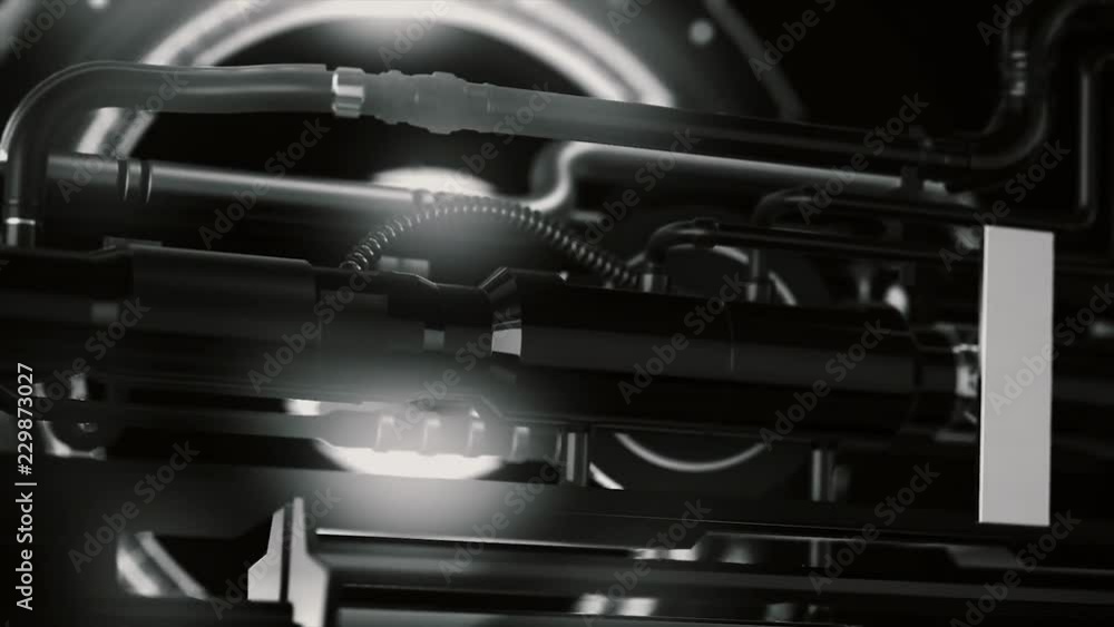 Poster animation of futuristic and high tech mechanism with light and rotation details with tubes, abstract