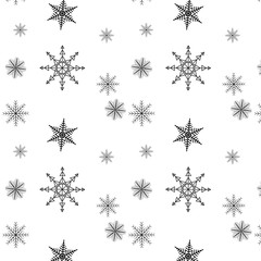 Snowflake simple seamless pattern. Black snow on white background. Abstract wallpaper, wrapping decoration. Symbol of winter, Merry Christmas holiday, Happy New Year celebration Vector illustration