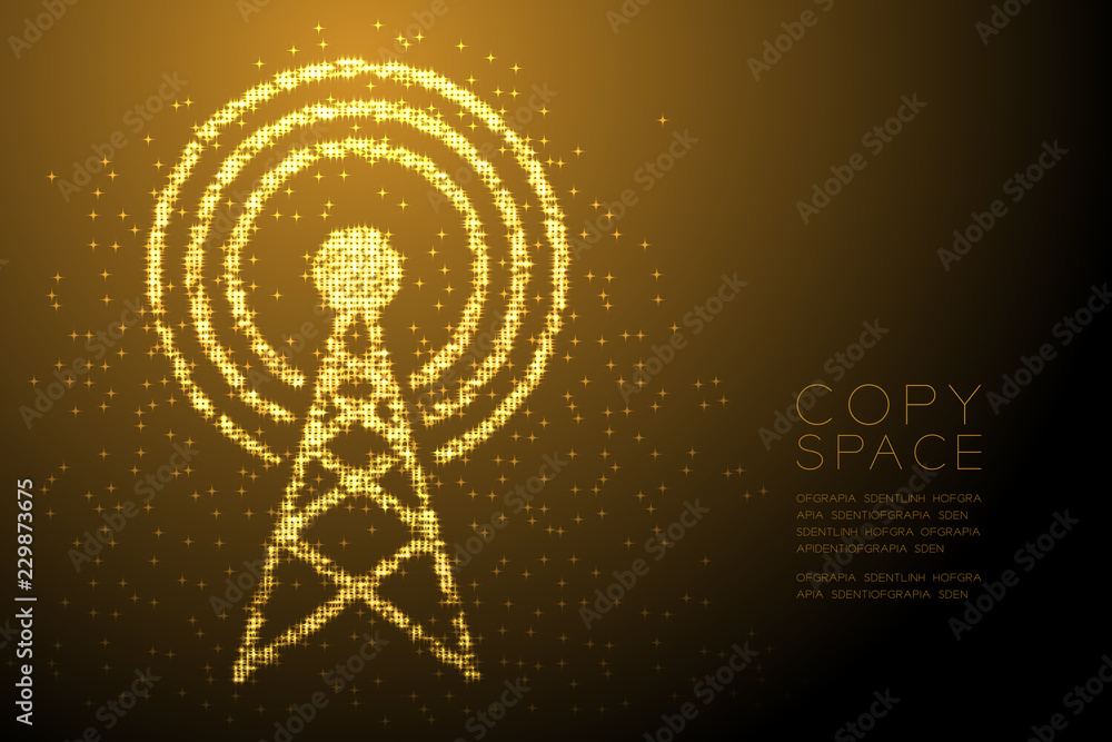 Poster abstract shiny bokeh star pattern antenna tower shape, broadcast telecommunication concept design go