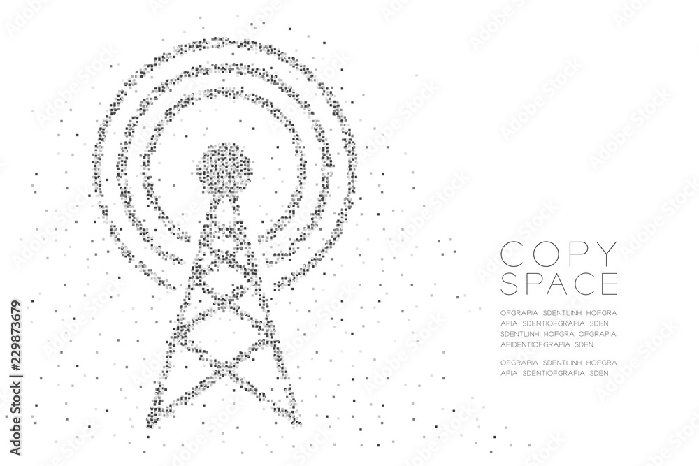 Poster abstract geometric square box pixel pattern antenna tower shape, broadcast telecommunication concept
