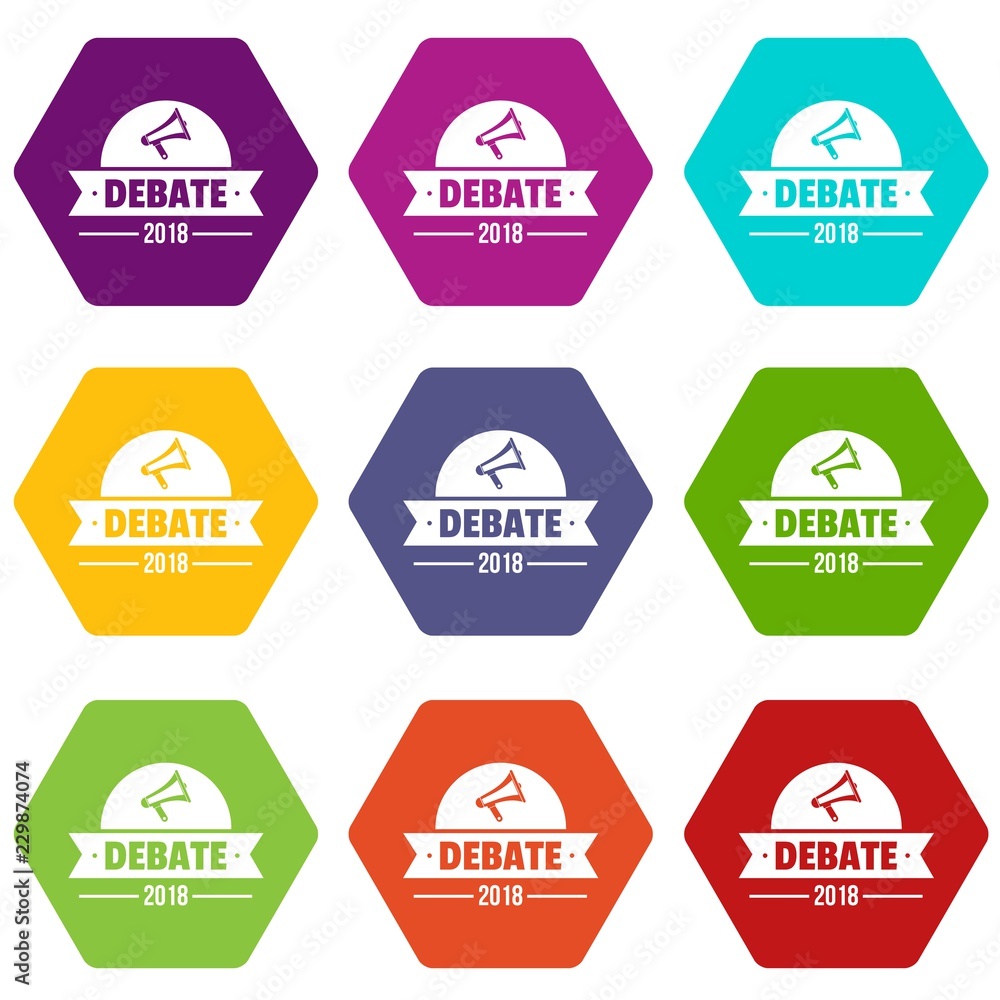 Poster debate icons 9 set coloful isolated on white for web