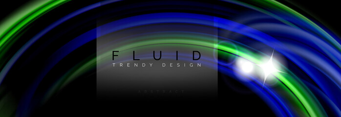 Background abstract design, flowing mixing liquid color waves on black