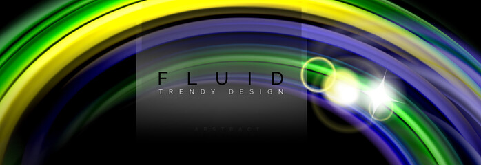 Background abstract design, flowing mixing liquid color waves on black