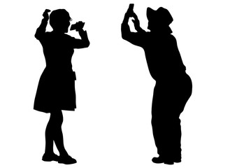 Man with camera and model on white background