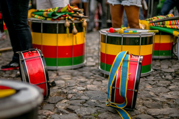 drummers from an Afro Brazilian cultural group at Pelourinho in Salvador, Bahia, Brazil - obrazy, fototapety, plakaty