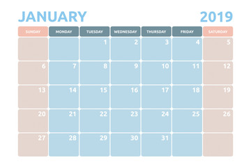 Minimal Calendar design for January of 2019 with copy space for desk planner and organiser the appointment.