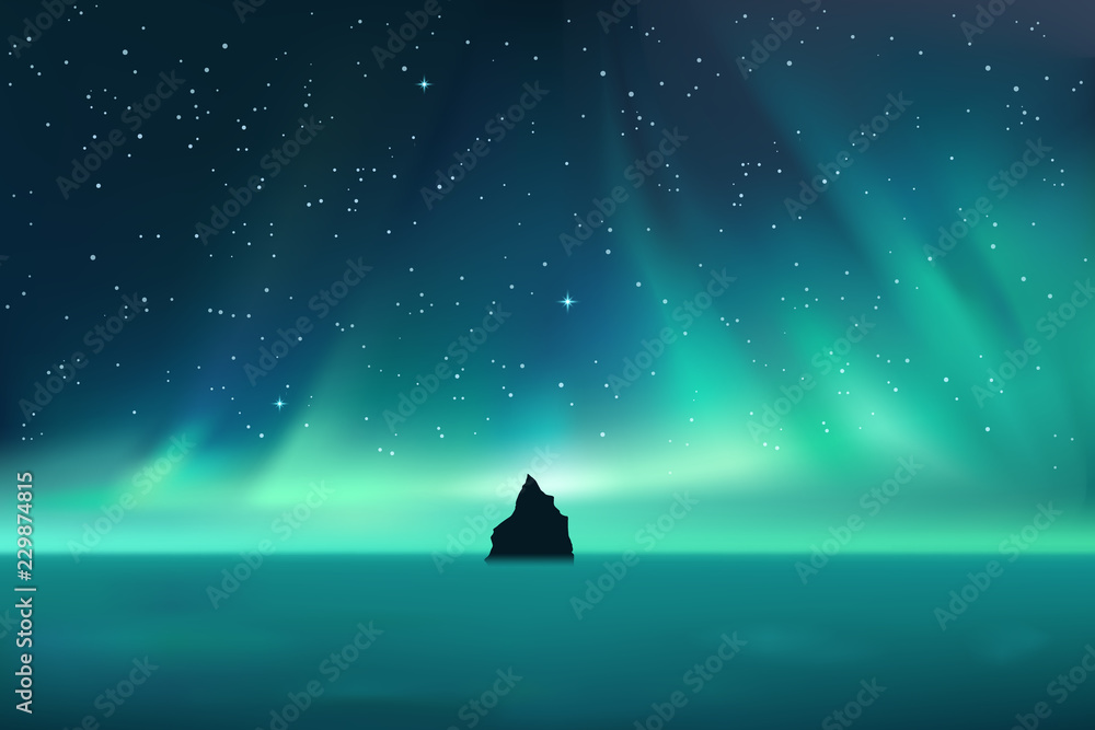 Wall mural dark rock against northern lights landscape with stars, starry sky with polar lights, mountain in fo