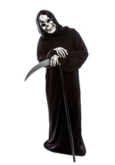 Costume of a skeleton grim reaper wielding a scary scythe.  The undead ghost is wearing a black...