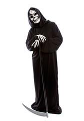 Costume of a skeleton grim reaper wielding a scary scythe.  The undead ghost is wearing a black...