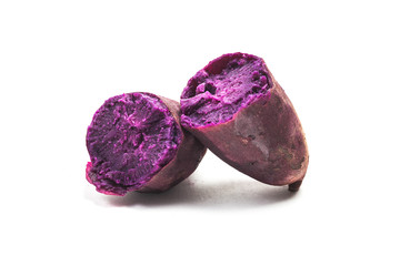 Baked purple sweet potato on white bottom,