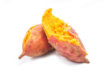 Baked sweet potato on white background.