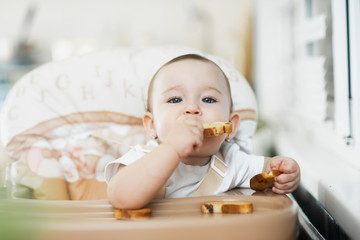 Fototapeta premium Baby girl eating cracker with raisins in a chair