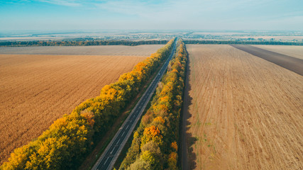 Fototapeta na wymiar Aerial view of the new road in Ukraine. Autumn. Road marking.