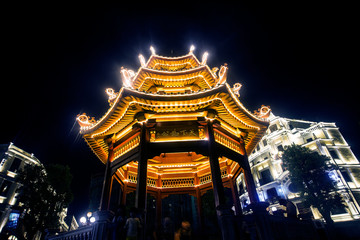 Fototapeta premium Night view of small park in Shantou, Guangdong, China,Old China Street，pavilion