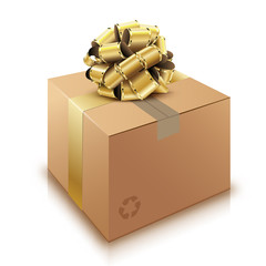 Brown cardboard Box with golden bow isolated on white