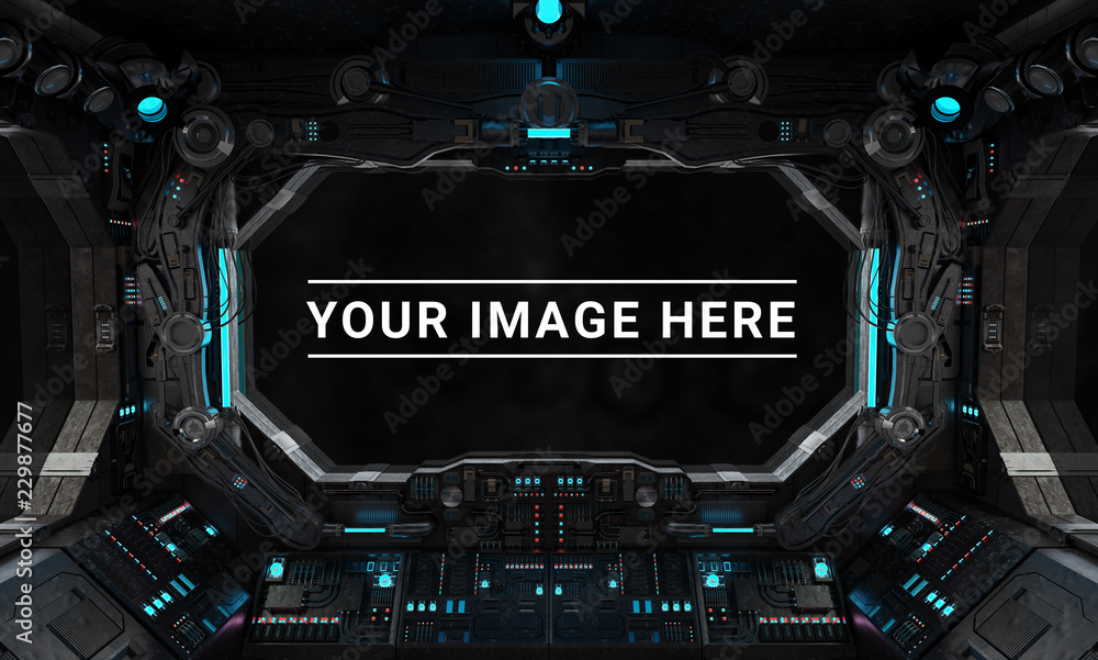 Poster Dark spaceship interior with large window view 3D rendering