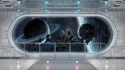 White tech spaceship round window interior background 3D rendering