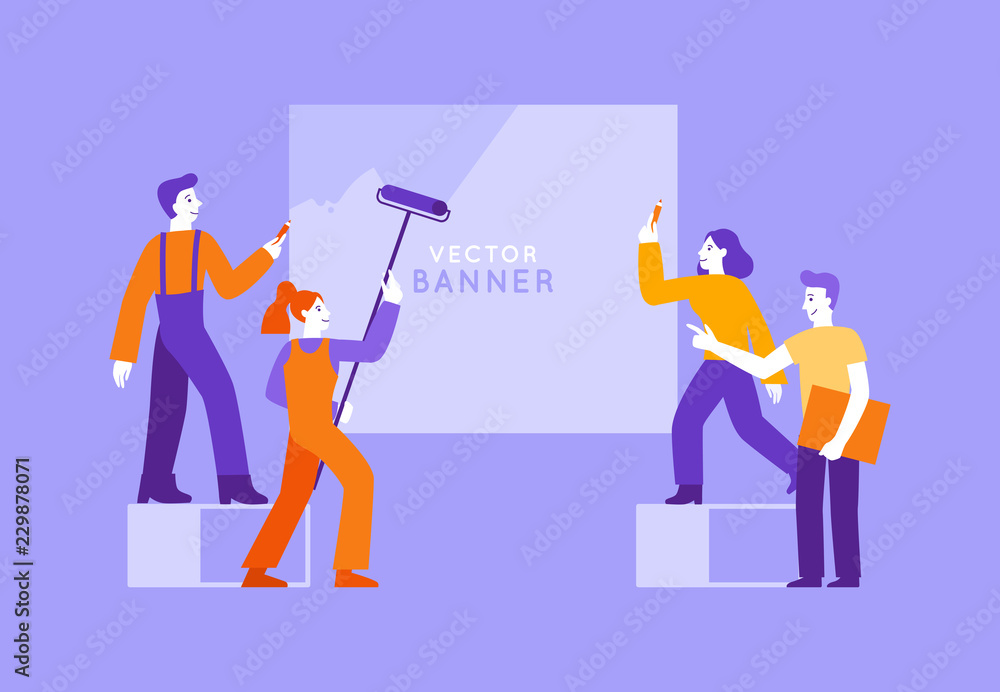 Poster vector illustration in flat simple style with characters - cartoon people working on design