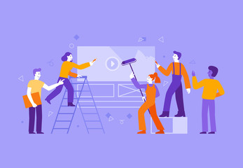 Obraz premium Vector illustration in flat simple style with characters - creative team concept