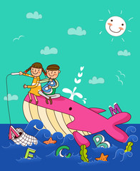 Boy with a girl sitting on a whale and fishing in the sea