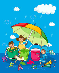 Two girls and a boy under an umbrella in the rain