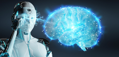 White man humanoid creating artificial intelligence 3D rendering