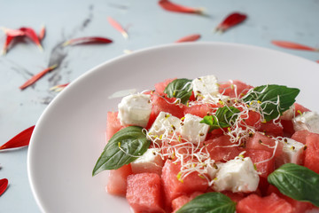 Delicious watermelon salad on plate, closeup