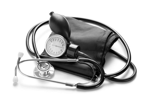 Sphygmomanometer with stethoscope on white background