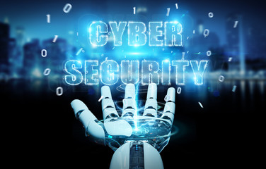 White humanoid hand using cyber security text hologram 3D rendering