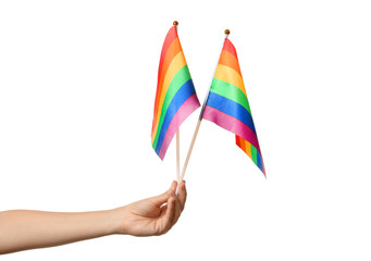 Woman holding rainbow flags of LGBT on white background