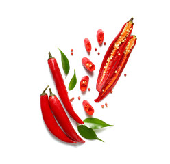 Fresh hot chili peppers with leaves on white background