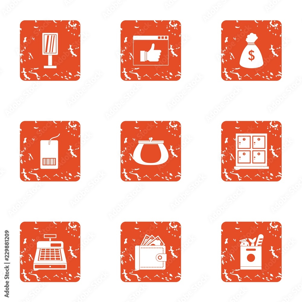 Poster cash register icons set. grunge set of 9 cash register vector icons for web isolated on white backgr