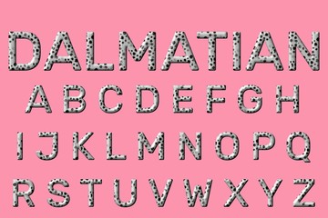 3D letter set with black and white Dalmatian pattern on pink background, creative sans serif typography for poster, banner, greeting card