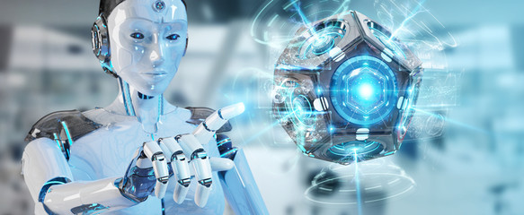 White woman humanoid using drone security camera 3D rendering