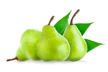 Ripe green pears with green leaf isolated on a white background