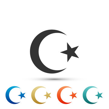 Star and crescent - symbol of Islam icon isolated on white background. Religion symbol. Set elements in colored icons. Flat design. Vector Illustration