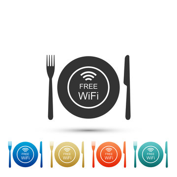 Restaurant Free Wi-Fi zone icon isolated on white background. Plate, fork and knife sign. Set elements in colored icons. Flat design. Vector Illustration