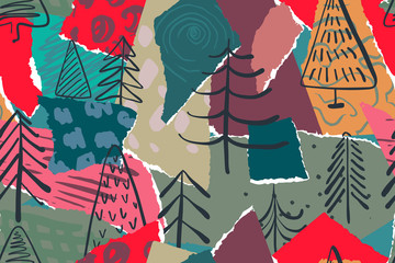 Vector Christmas seamless pattern with colorful abstract collage texture and holiday elements