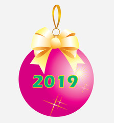 New Year. Christmas pink ball with silk ribbon and bow with date 2019 on a light background.