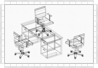 Office chairs and table 3D blueprint 