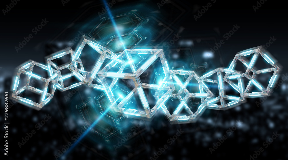 Poster Digital blue Blockchain illustration 3D rendering