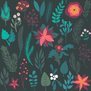 Christmas vector seamless pattern with flowers and branches