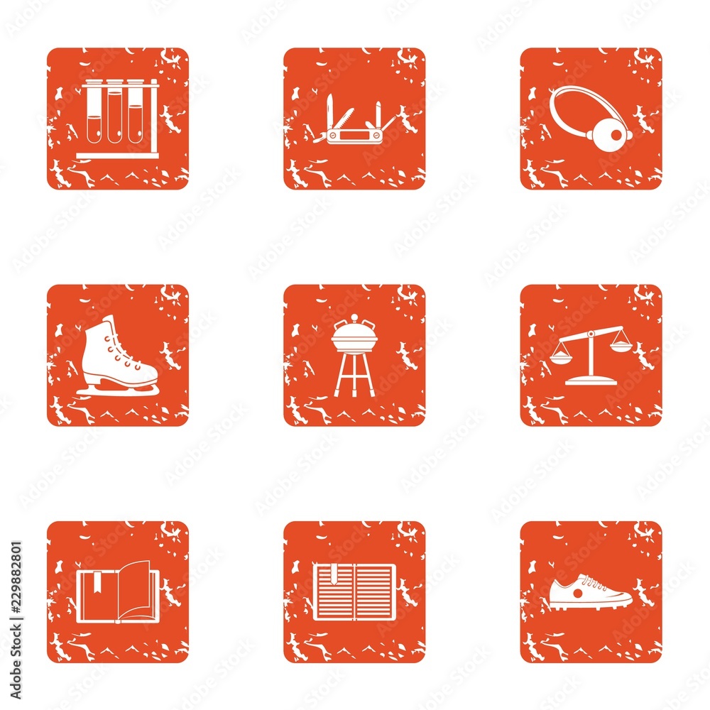 Poster calculate the survival icons set. grunge set of 9 calculate the survival vector icons for web isolat