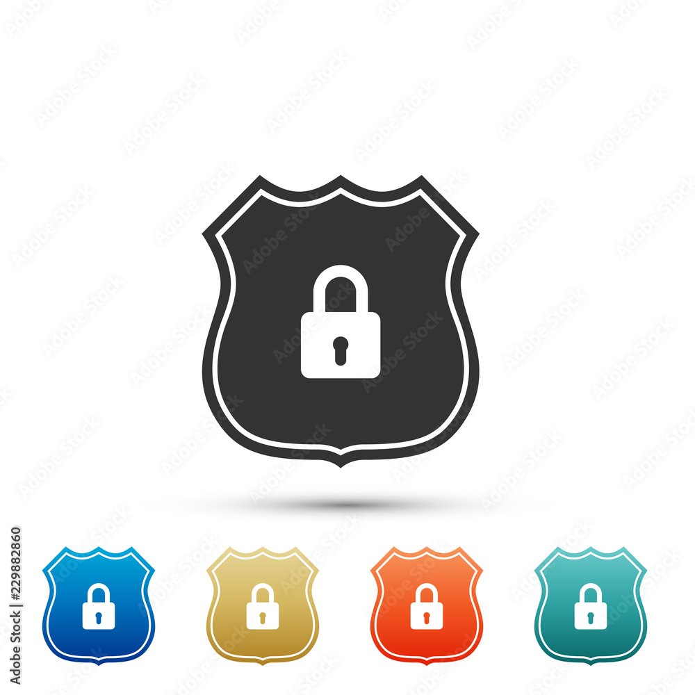 Poster shield security icon isolated on white background. set elements in colored icons. flat design. vecto