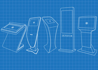 Blueprint of five Promotional Interactive Information Kiosk, Advertising Display, Terminal Stand, Touch Screen Display. Mock Up Template.