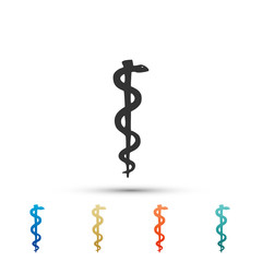 Rod of asclepius snake coiled up silhouette icon on white background. Medicine and health care concept. Emblem for drugstore or medicine, pharmacy snake symbol. Flat design. Vector Illustration