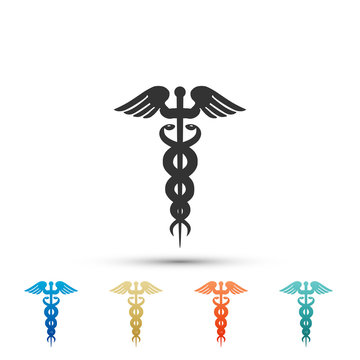 Caduceus medical symbol icon isolated on white background. Medicine and health care concept. Emblem for drugstore or medicine, pharmacy snake symbol. Colored icons. Flat design. Vector Illustration
