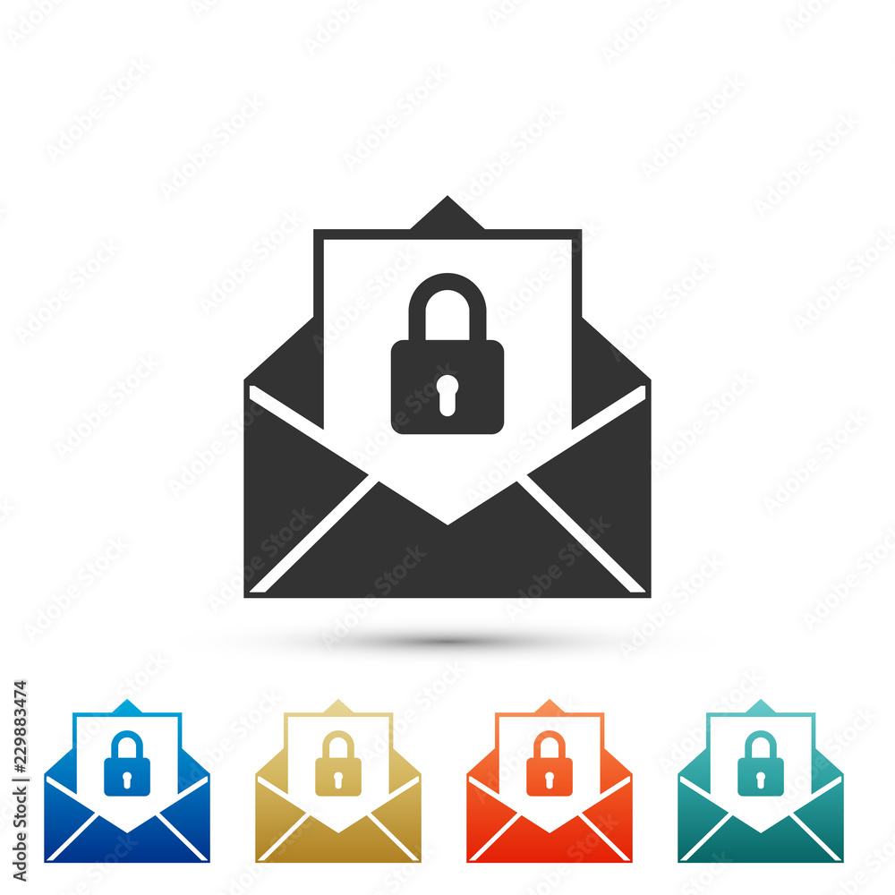Poster secure mail icon isolated on white background. mailing envelope locked with padlock. set elements in