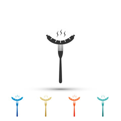 Sausage on fork icon isolated on white background. Set elements in colored icons. Flat design. Vector Illustration